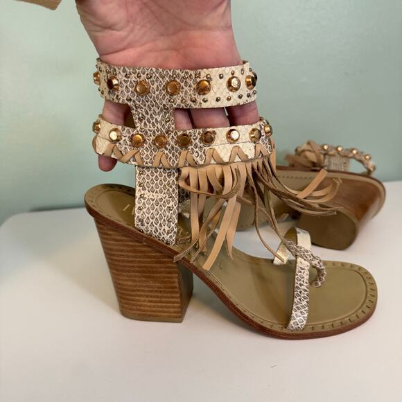 Ivy Kirzhner Sandals 9 Brown Snake Fringe Studded Hildagar Buckle Strappy Ankle - Picture 14 of 16